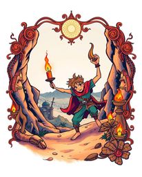 A vibrant illustration in a retro, Disney-style tattoo aesthetic depicts a brave hero embarking on a desert adventure.  Rende