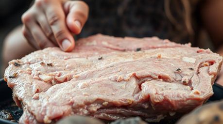 Explore an extreme macro close-up image depicting a caveman expertly cooking mammoth meat. Rendered in soft pastel colors, th