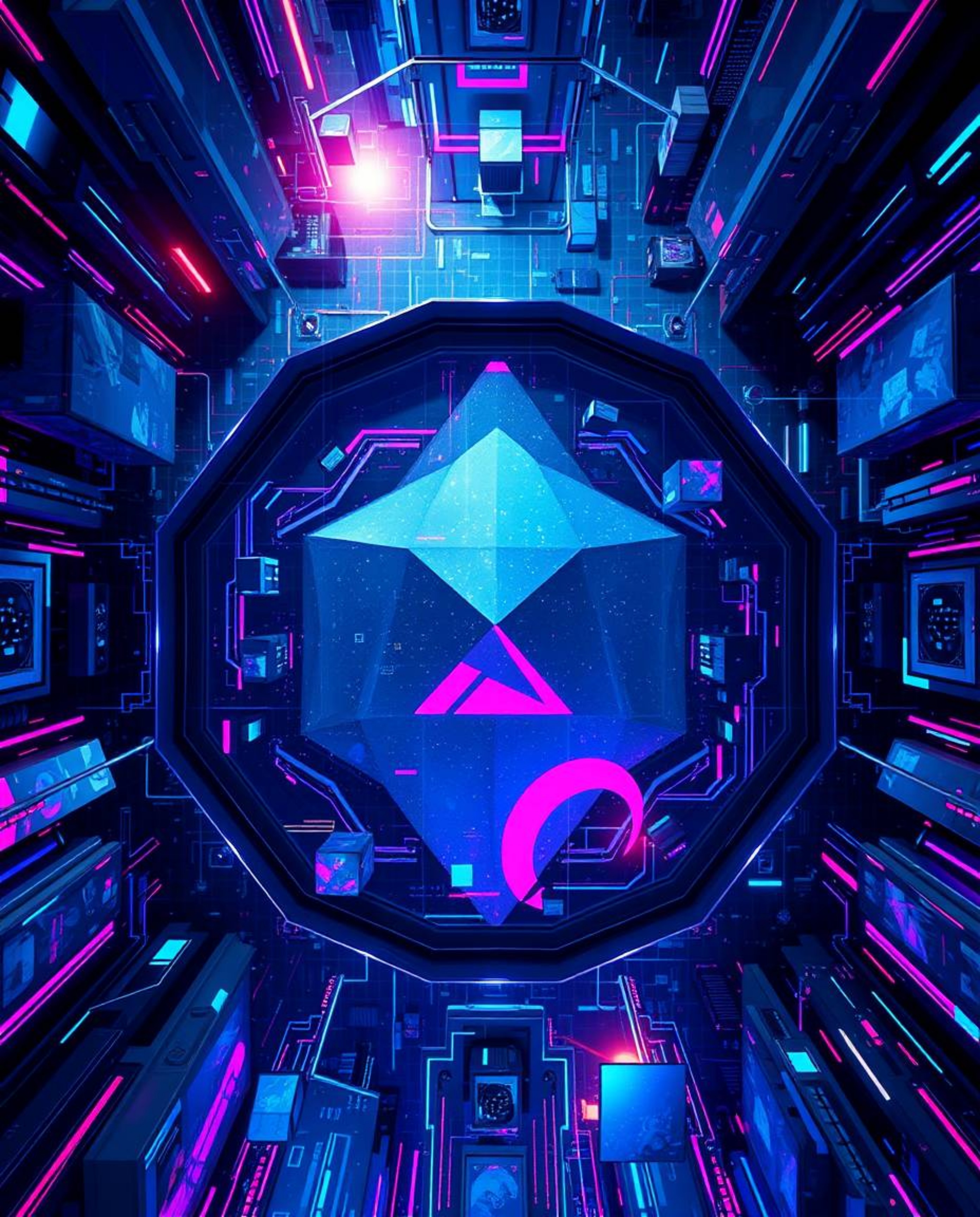 Explore an overhead bird's-eye view of captivating glitched geometric shapes floating within a cyberspace matrix. Iridescent 