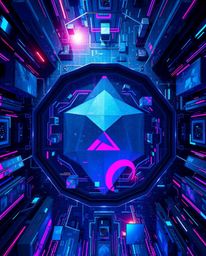 Explore an overhead bird's-eye view of captivating glitched geometric shapes floating within a cyberspace matrix. Iridescent 
