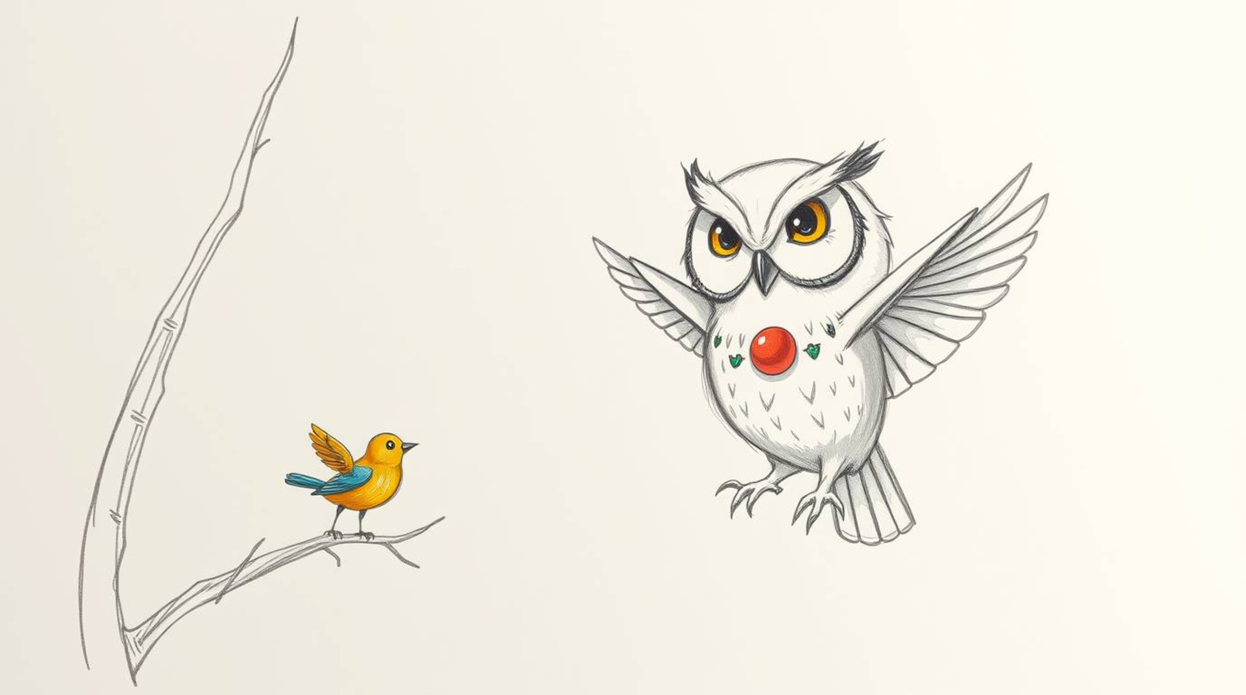 A heartwarming hand-drawn sketch depicting a wise, blind owl with soft plumage, guiding vibrant birds in flight within a gold