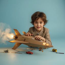 A captivating high-fashion photograph depicts a boy with bright, curious eyes, building an intricately designed cardboard spa