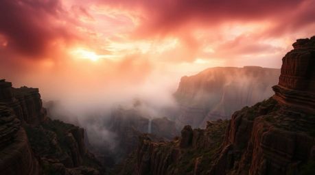 Experience the breathtaking beauty of a rocky canyon at sunset.  This long-exposure photograph captures ethereal light trails