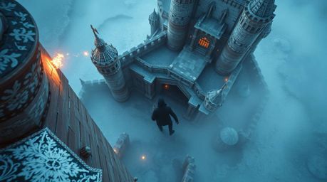 A surreal overhead bird's-eye view depicting a thief attempting to sneak into a heavily guarded castle, rendered in striking 
