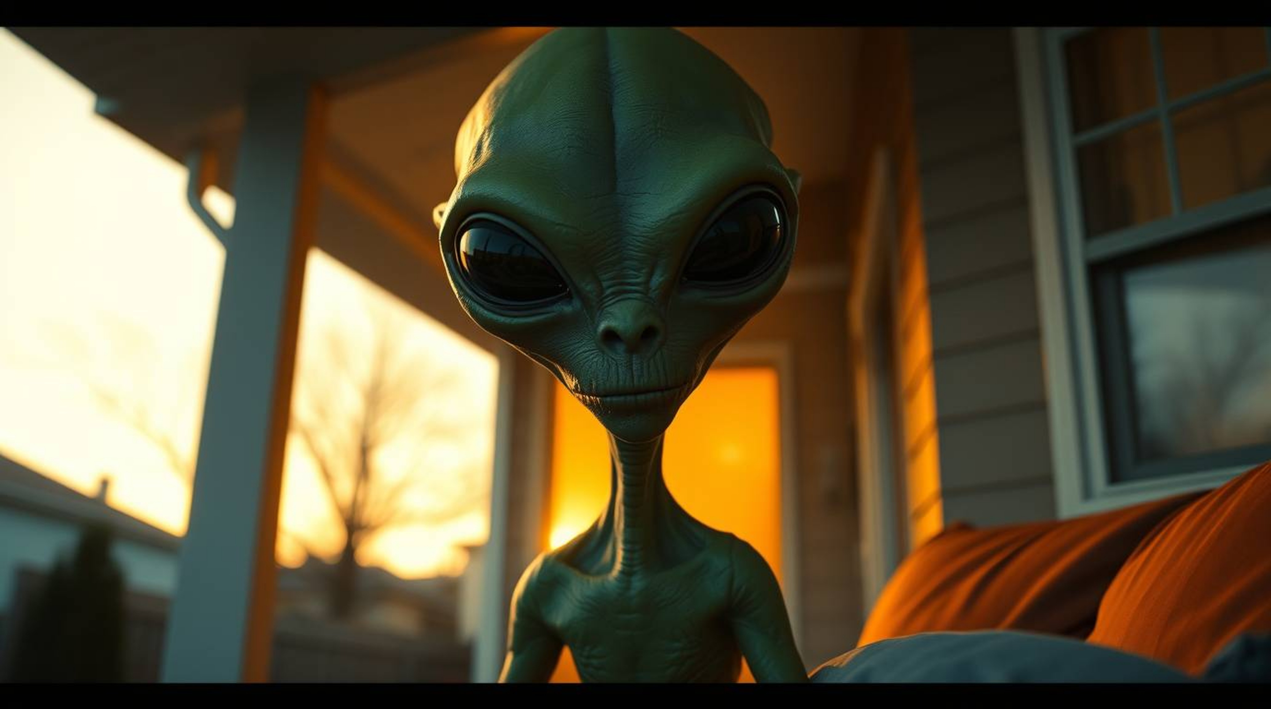 A captivating depiction of a three-eyed, green-skinned alien residing in an ordinary suburban home, bathed in the warm, soft 