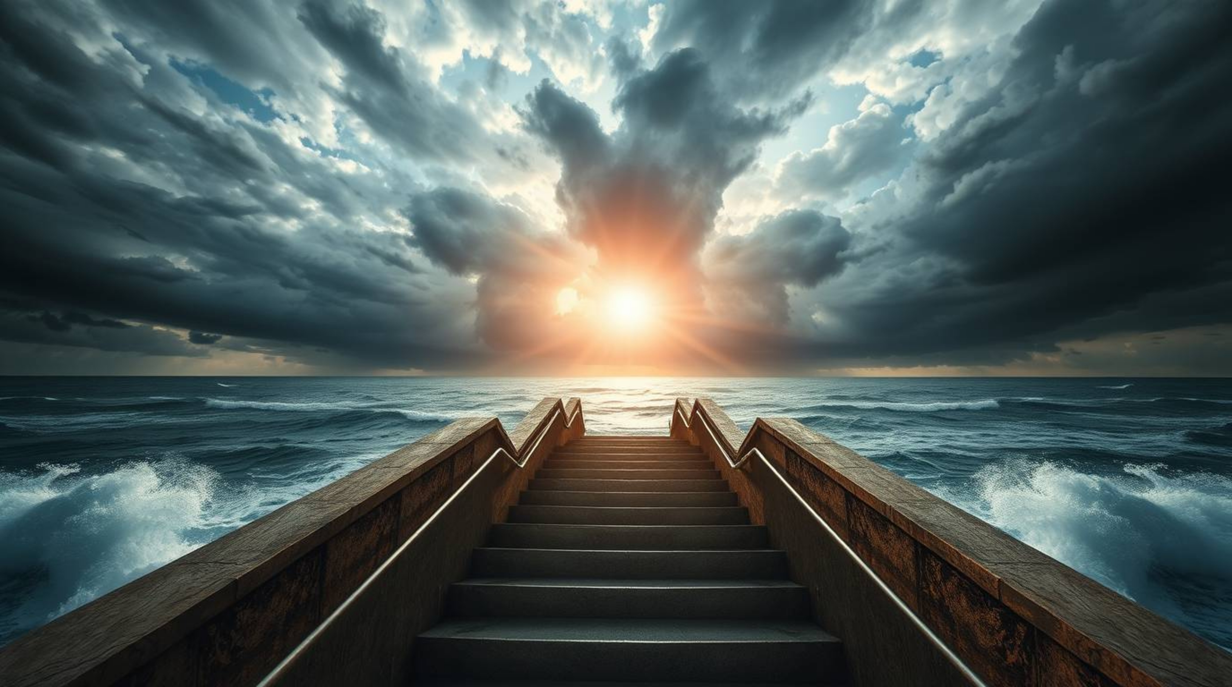 Experience an epic and symbolic journey with this high-angle perspective image featuring a dramatic staircase rising from the