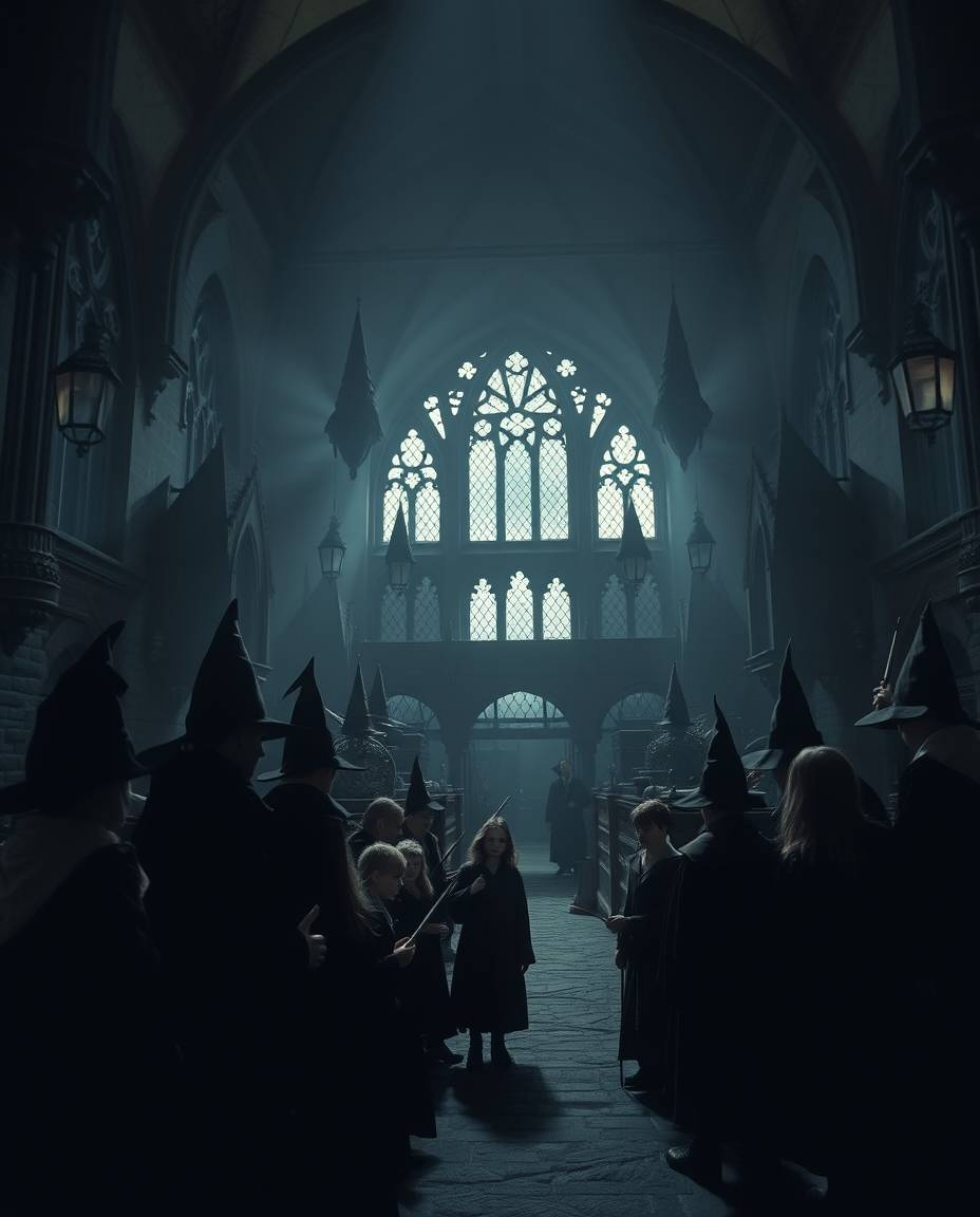 Immerse yourself in a magical school teeming with young wizards, rendered in a striking jet black palette. Deep shadows accen