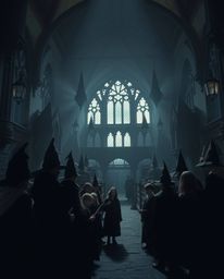 Immerse yourself in a magical school teeming with young wizards, rendered in a striking jet black palette. Deep shadows accen