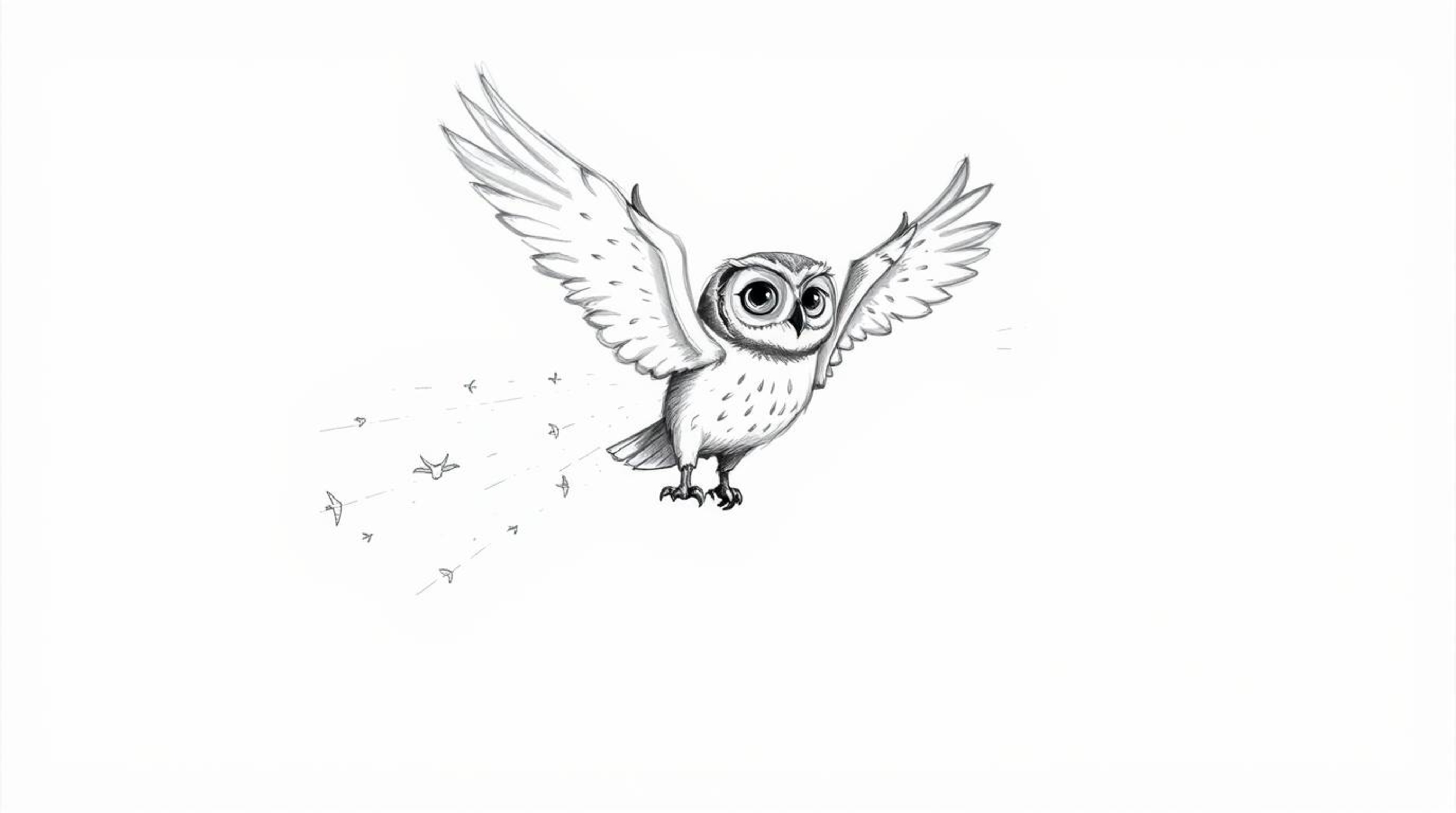 A charming hand-drawn sketch, envisioned in the delightful style of Pixar, portrays a blind owl gracefully mid-flight.  The o