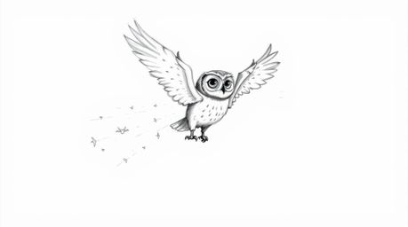 A charming hand-drawn sketch, envisioned in the delightful style of Pixar, portrays a blind owl gracefully mid-flight.  The o