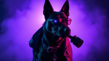 A sleek black dog detective, equipped with high-tech gadgets, investigates in a world of volumetric lighting and deep ultravi