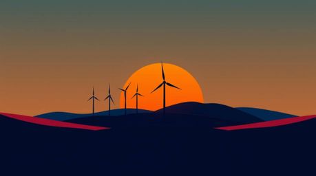 Experience a modern flat design illustration showcasing a vibrant sunset behind wind turbines on a hill. The artwork features