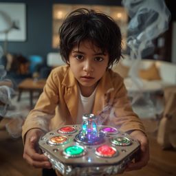 A captivating high-fashion photography piece depicts a curious boy with striking eyes building an intricately designed cardbo