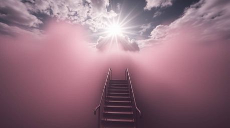A dramatic and symbolic staircase rises from the ocean, shrouded in thick fog and infused with infrared tones, leading toward