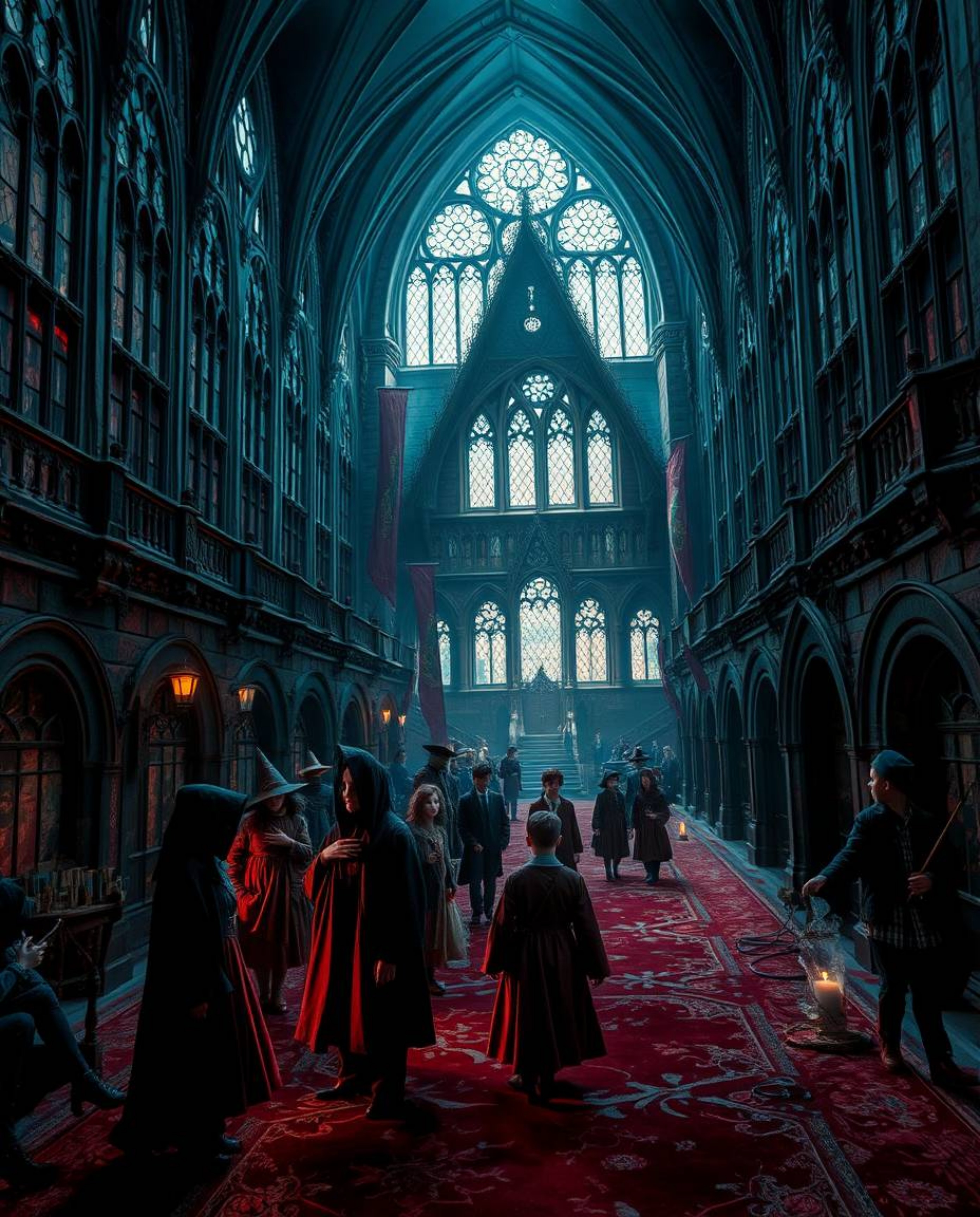 Explore a magical school brimming with young wizards, rendered in a sophisticated palette of rich burgundy and deep blue.  Th