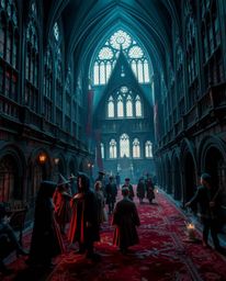 Explore a magical school brimming with young wizards, rendered in a sophisticated palette of rich burgundy and deep blue. Th