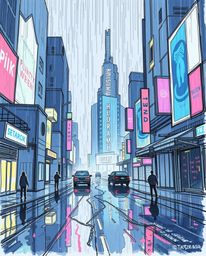 A captivating hand-drawn sketch depicting a futuristic city in glitch mode.  The scene is set in a drizzling rain, showcasing