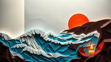 A mesmerizing scene depicting waves crashing against rugged cliffs under a vibrant sunset, rendered in an intricate origami s