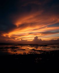A fine art photograph captures a colorful sky over a coral reef at low tide, featuring graceful silhouetted backlighting. The