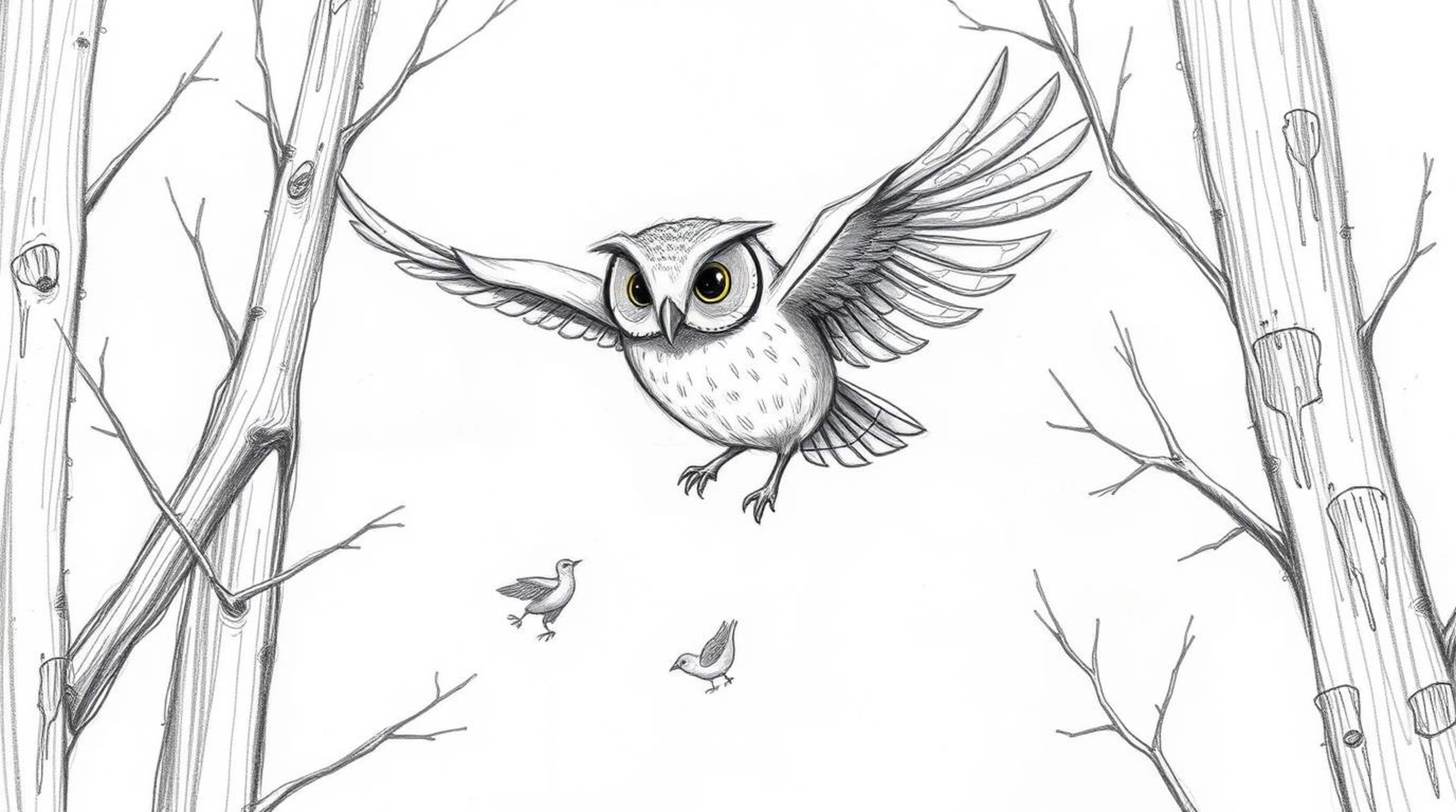 A textured pencil sketch in a Pixar-like style depicts a blind owl, its features subtly conveying wisdom and calmness.  The o