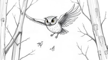 A textured pencil sketch in a Pixar-like style depicts a blind owl, its features subtly conveying wisdom and calmness.  The o