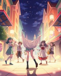 Experience a vibrant musical number unfolding in a sun-drenched town square, beautifully rendered in a soft and dreamy Isekai