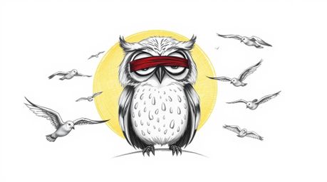 A charming hand-drawn sketch in the style of Pixar, depicting a blind owl with expressive eyes and soft feathers.  The wise o