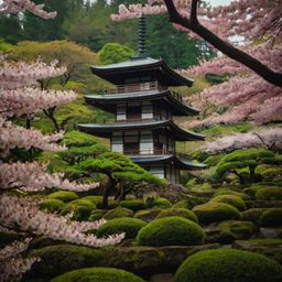 Discover the serene beauty of a traditional Japanese pagoda nestled within a vibrant green forest.  The iconic structure is s