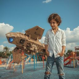 A captivating high-fashion photography image, in the style of Pixar, depicts a boy with messy brown hair building a remarkabl