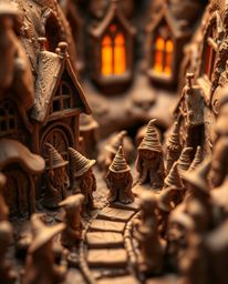 Discover stunning extreme macro photography of a whimsical clay sculpture depicting a magical school filled with young wizard