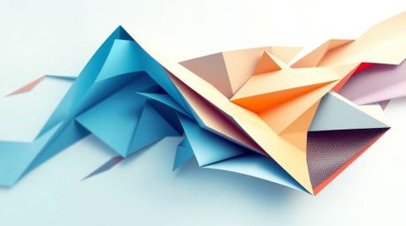 This abstract poster design features an intricate origami style with dynamic motion.  The folded paper look, geometric precis