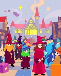 Explore a magical school brimming with young wizards, portrayed in a contemporary flat design style. This captivating depicti