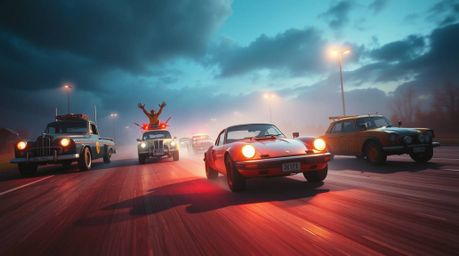 This high-resolution stock photo captures a wacky racing scene featuring outlandish cars in a dramatic, cinematic style perfe