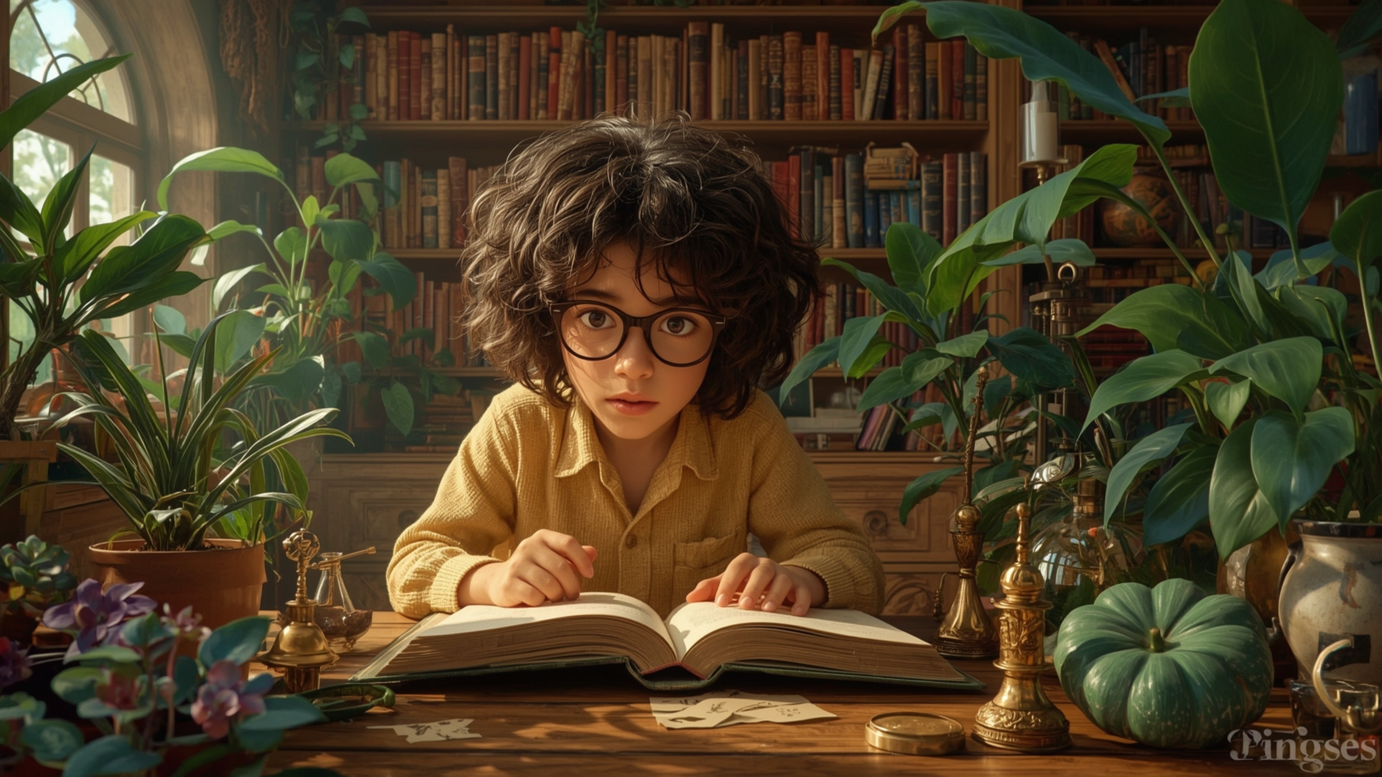 In a highly detailed and vibrant cinematic photograph, a bright-eyed, curly-haired young genius is captured in a cozy, book-l