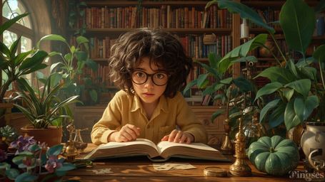 In a highly detailed and vibrant cinematic photograph, a bright-eyed, curly-haired young genius is captured in a cozy, book-l