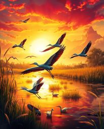 A digital painting of herons flying in a golden hour wetlands scene, bursting with life and energy. This artwork features bri
