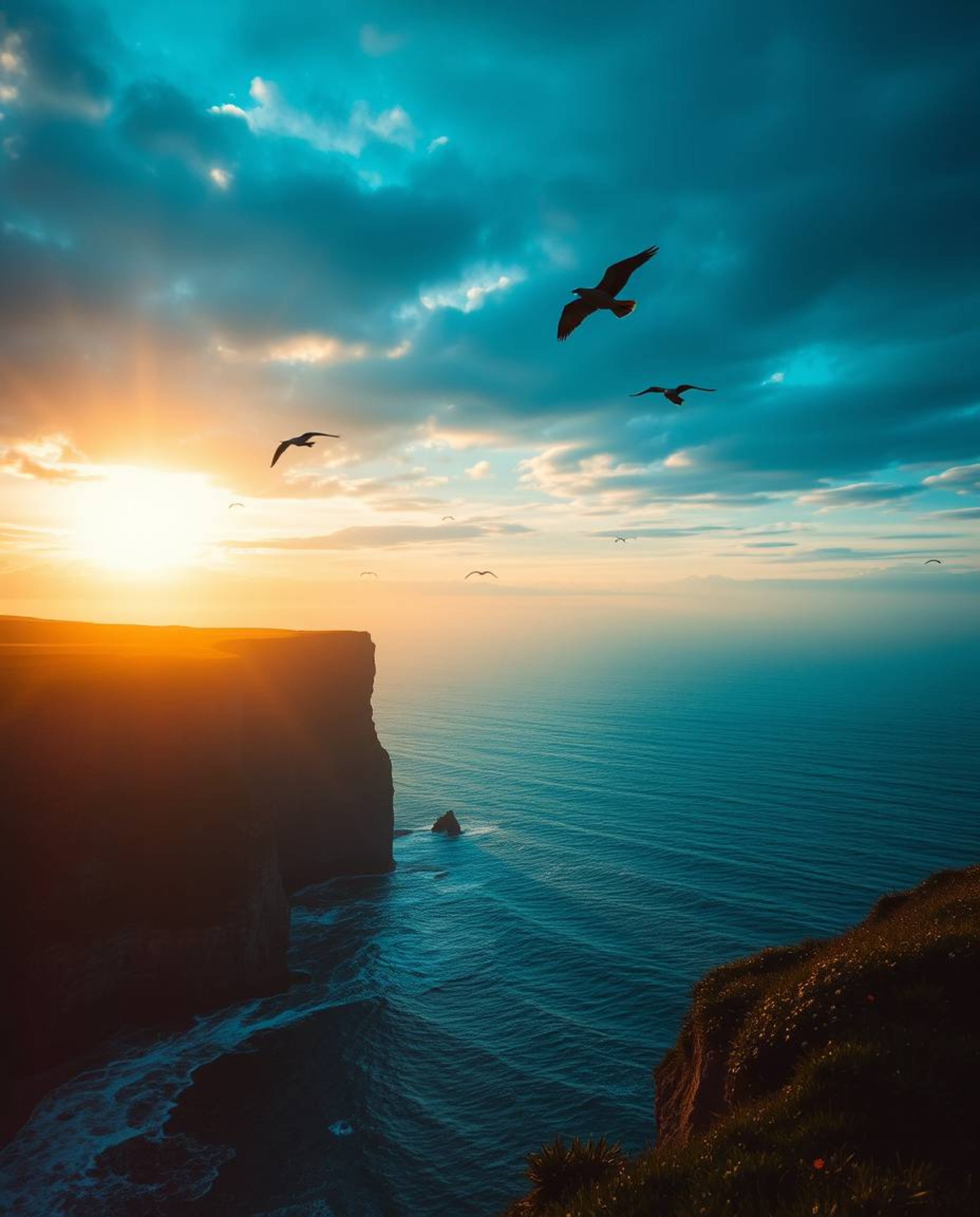 Witness a dramatic cinematic sunset unfolding over a coastal cliff, complete with soaring birds creating a dynamic, film-like
