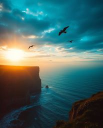 Witness a dramatic cinematic sunset unfolding over a coastal cliff, complete with soaring birds creating a dynamic, film-like