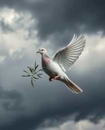 A striking image featuring a dove carrying an olive branch through a turbulent sky, rendered with refined details and deep sh