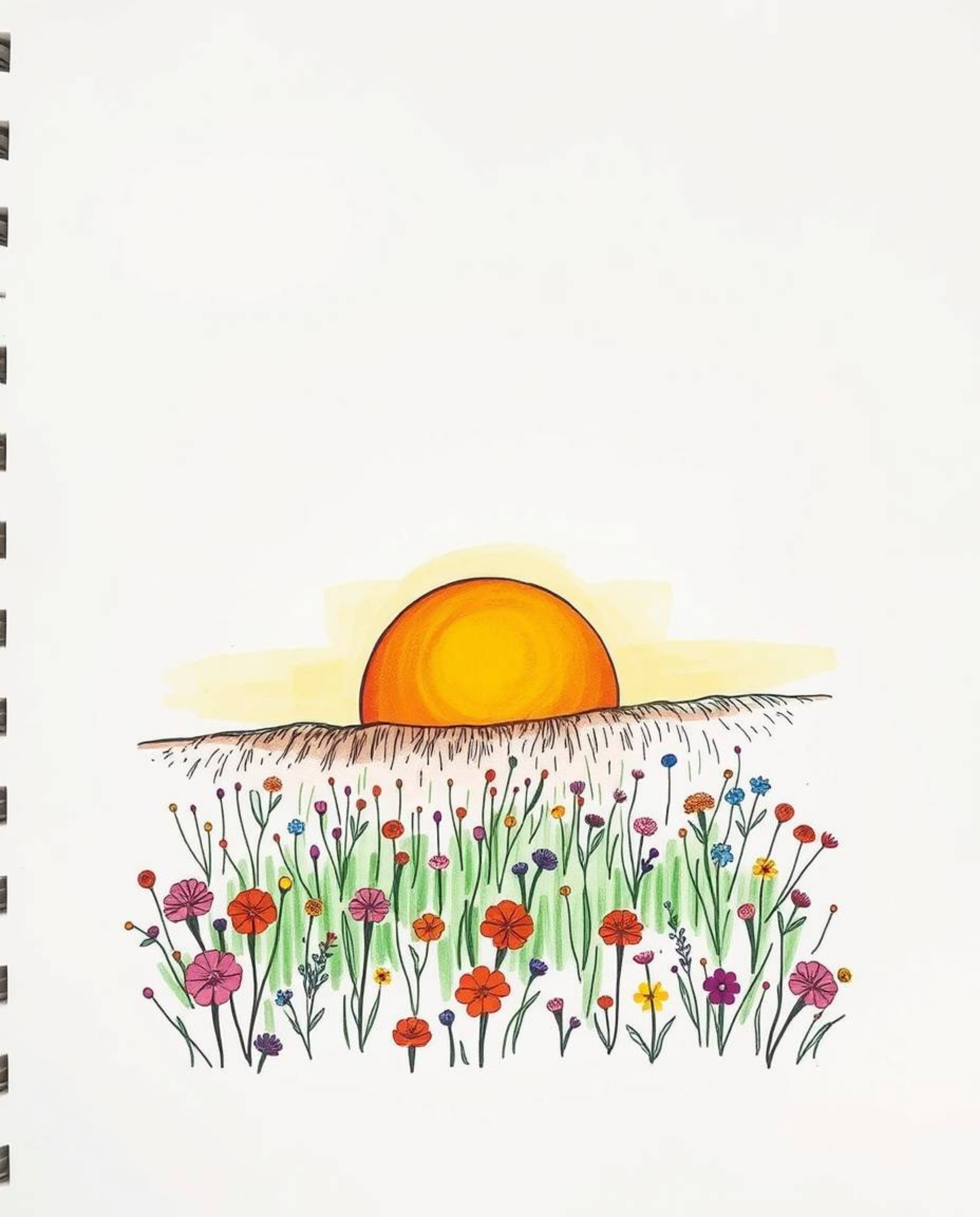 A hand-drawn color sketchnote that artistically depicts a sunset over a lush spring wildflower meadow. The illustration featu