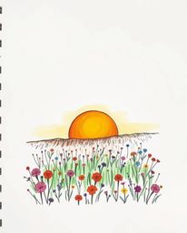 A hand-drawn color sketchnote that artistically depicts a sunset over a lush spring wildflower meadow. The illustration featu