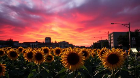 Capture the spontaneous beauty of a sunflower field under a vibrant, deep red and purple sunset sky. This image showcases the