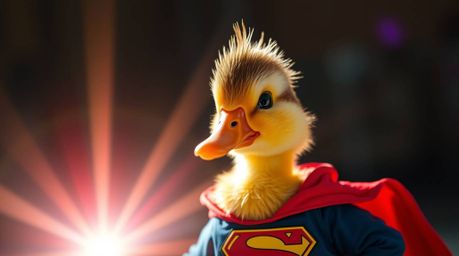 This image features an adorable duck dressed in a zany superhero costume, captured with a bright lens flare and vibrant color