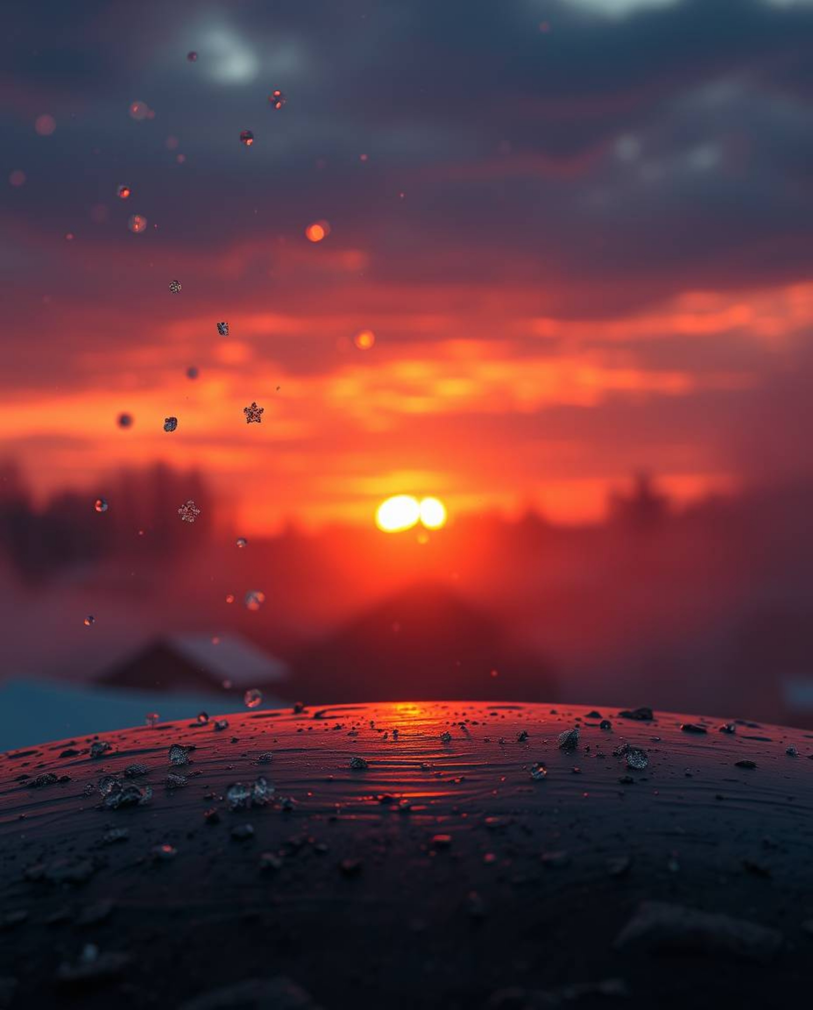 A visually unique scene depicts snowflakes falling during a vibrant sunset, imagined on a cast bronze surface with an antique