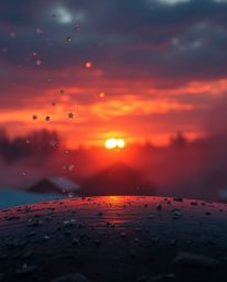 A visually unique scene depicts snowflakes falling during a vibrant sunset, imagined on a cast bronze surface with an antique