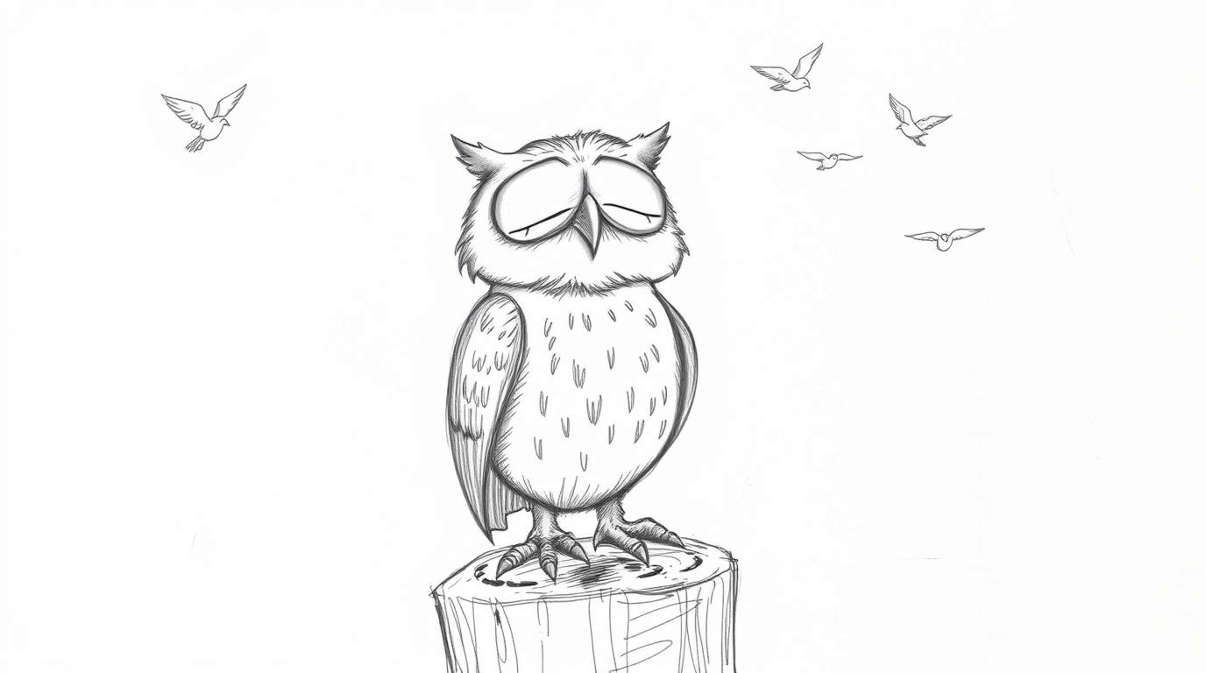 A hand-drawn pencil sketch of a blind owl in Pixar style, perched on a tree stump and cheering as small birds fly freely in t