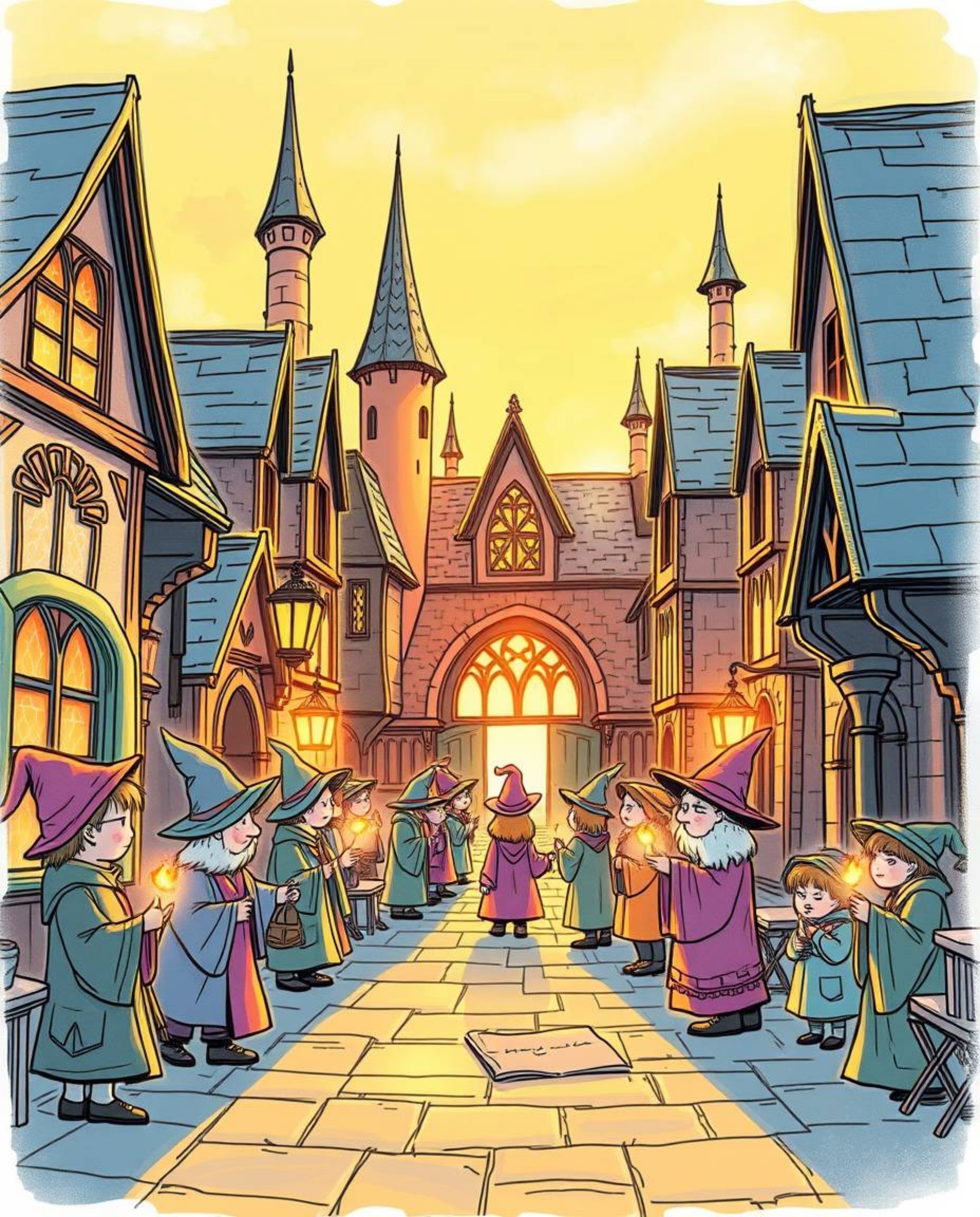 A warm and inviting hand-drawn sketch depicts a magical school bustling with young wizards, bathed in the soft, golden light 