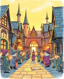 A warm and inviting hand-drawn sketch depicts a magical school bustling with young wizards, bathed in the soft, golden light 