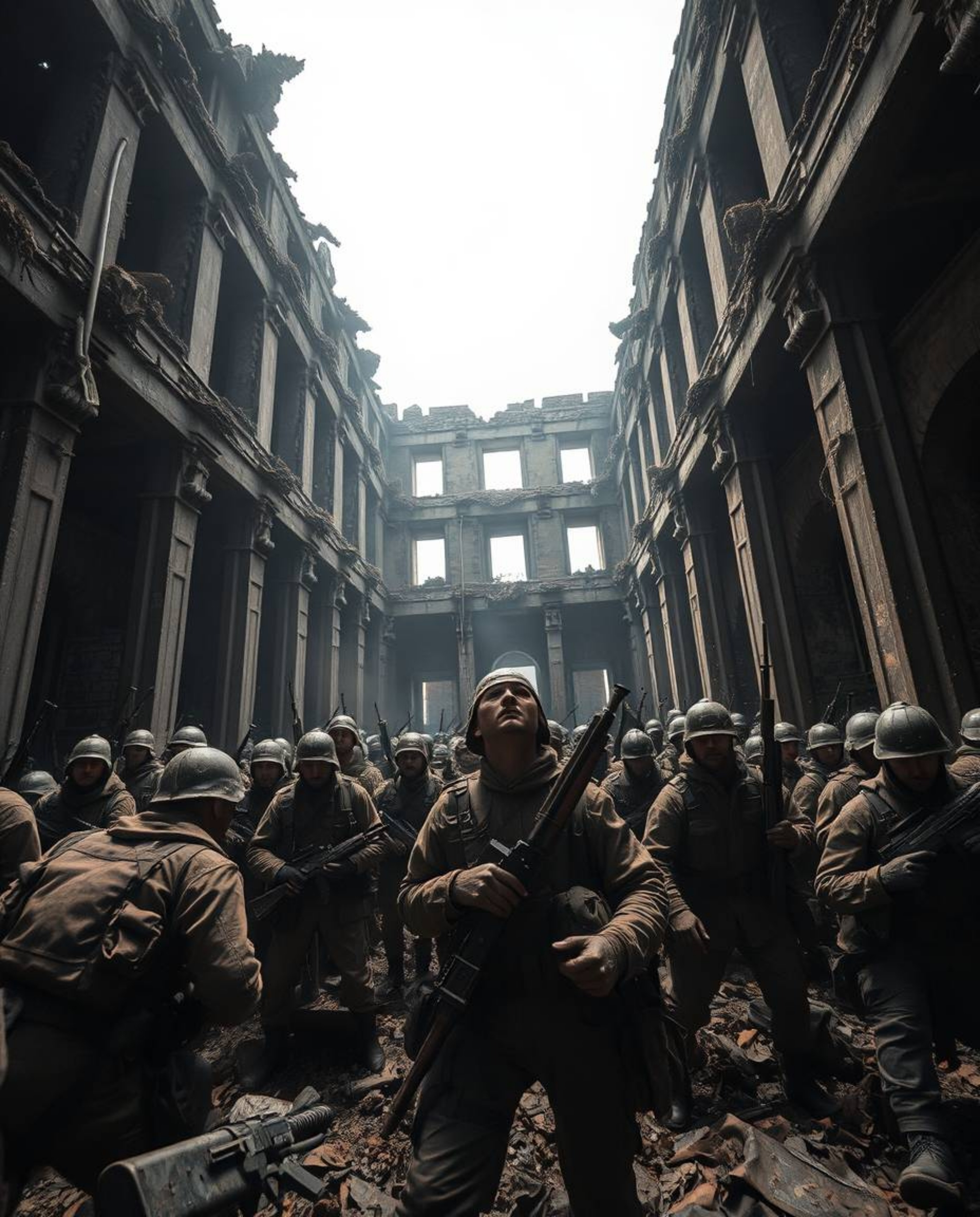 High-resolution stock photo showcasing a low-angle perspective of a battlefield with time-warped soldiers amidst decaying bui