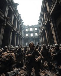 High-resolution stock photo showcasing a low-angle perspective of a battlefield with time-warped soldiers amidst decaying bui